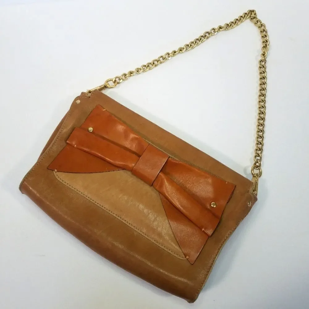 Nanette Lepore Brown Leather Bow Shoulder Bag Detachable Chain Strap